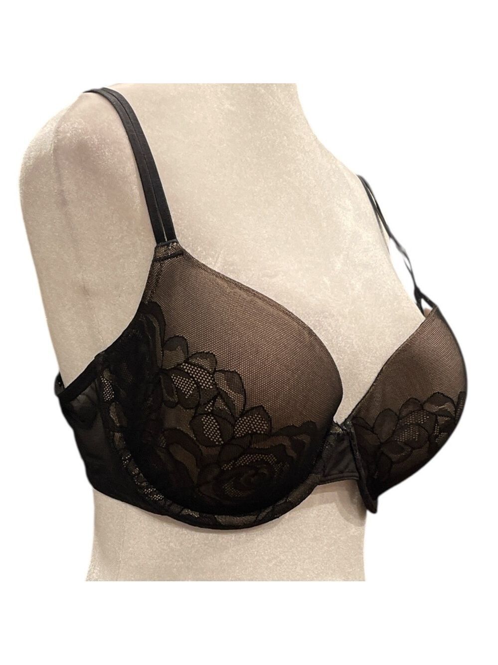 Wacoal 36D Black Sheer Lace Underwire Bra Molded Cups Mesh Floral Lingerie